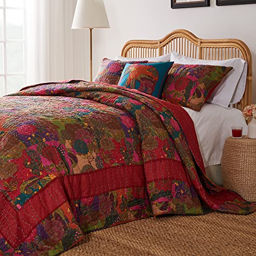 Greenland Home Jewel Cotton Kantha-Quilted Bedspread Set, 3-Piece King/Cal King Red C387801