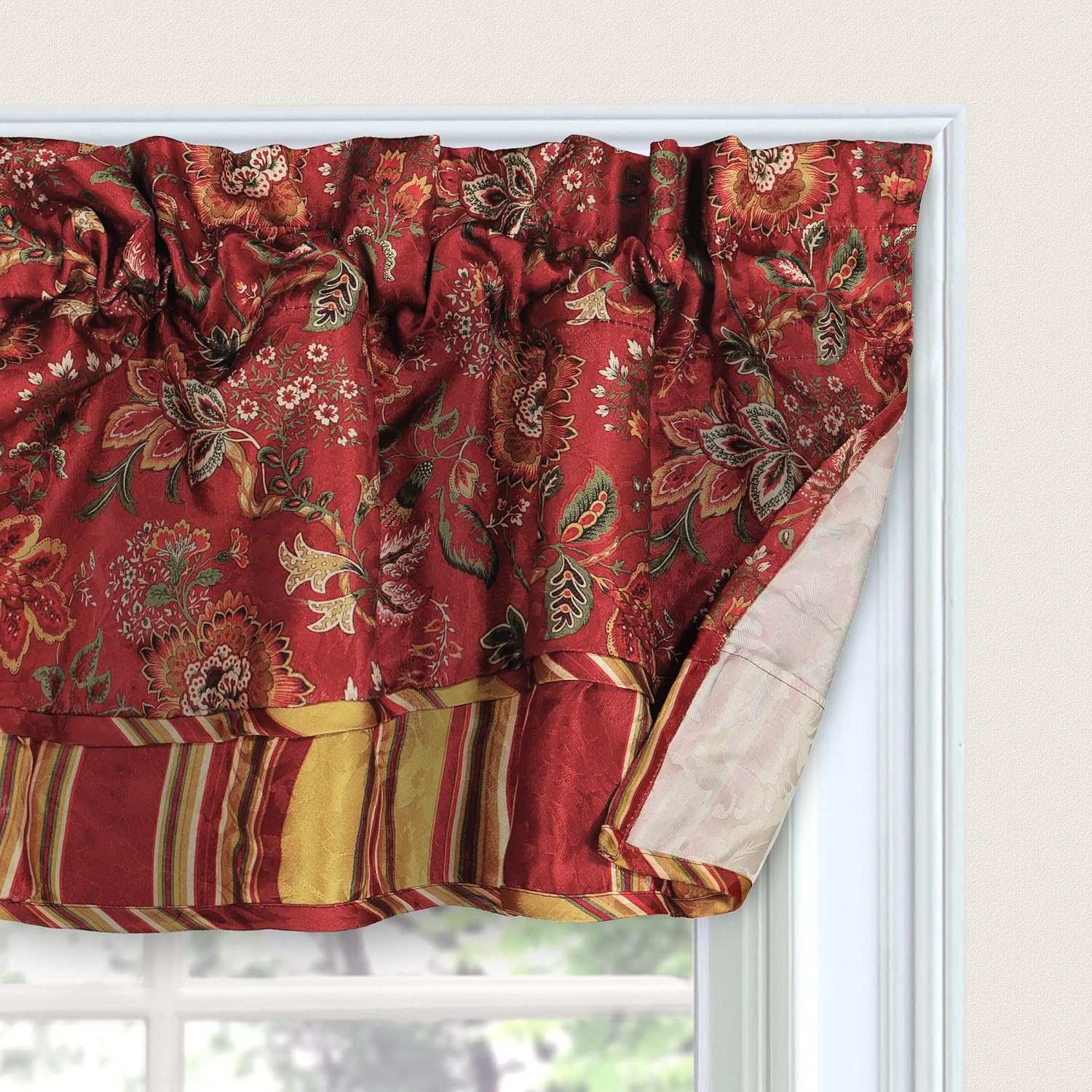 Waverly Navarra Farmhouse Scalloped Valance Rod Pocket Curtain, 52" x 16", Crimson J574356