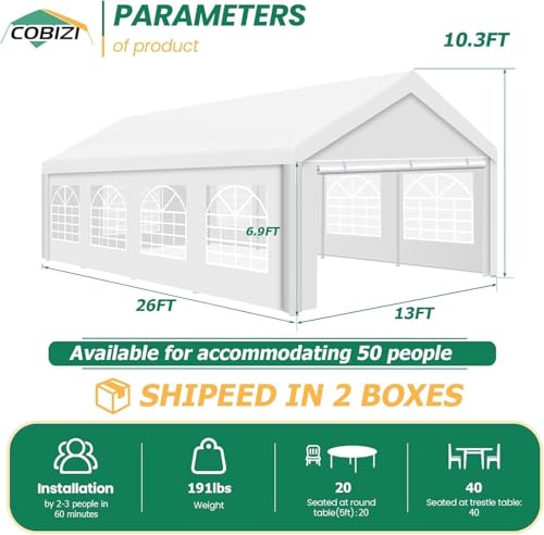 COBIZI 20x40 Party Tent Heavy Duty with Removable Sidewall, White S4012