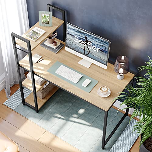 Bestier Computer Desk with Shelves - 47 Inch Home Office Desk with Bookshelf, Grained Black E5808