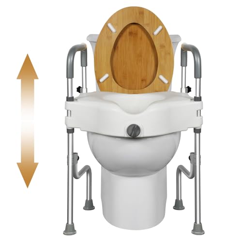 Lock Toilet Seat Riser for Seniors - 4.5in Raised Toilet Seat with Handles, Heavy Duty Support up to 330lbs, Adjustable Legs, Elderly Handicap Supply, Anti-slip, Resistant, Fits Most Toilets(Regular）