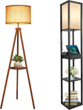 OUTON Wood Tripod Floor Lamp with Shelves, Mid Century LED Modern Dimmable Floor Lamp with Remote Control, Sturdy Tall Standing Lamp with Beige Linen Texture Shade for Living Room, Bedroom, Office
