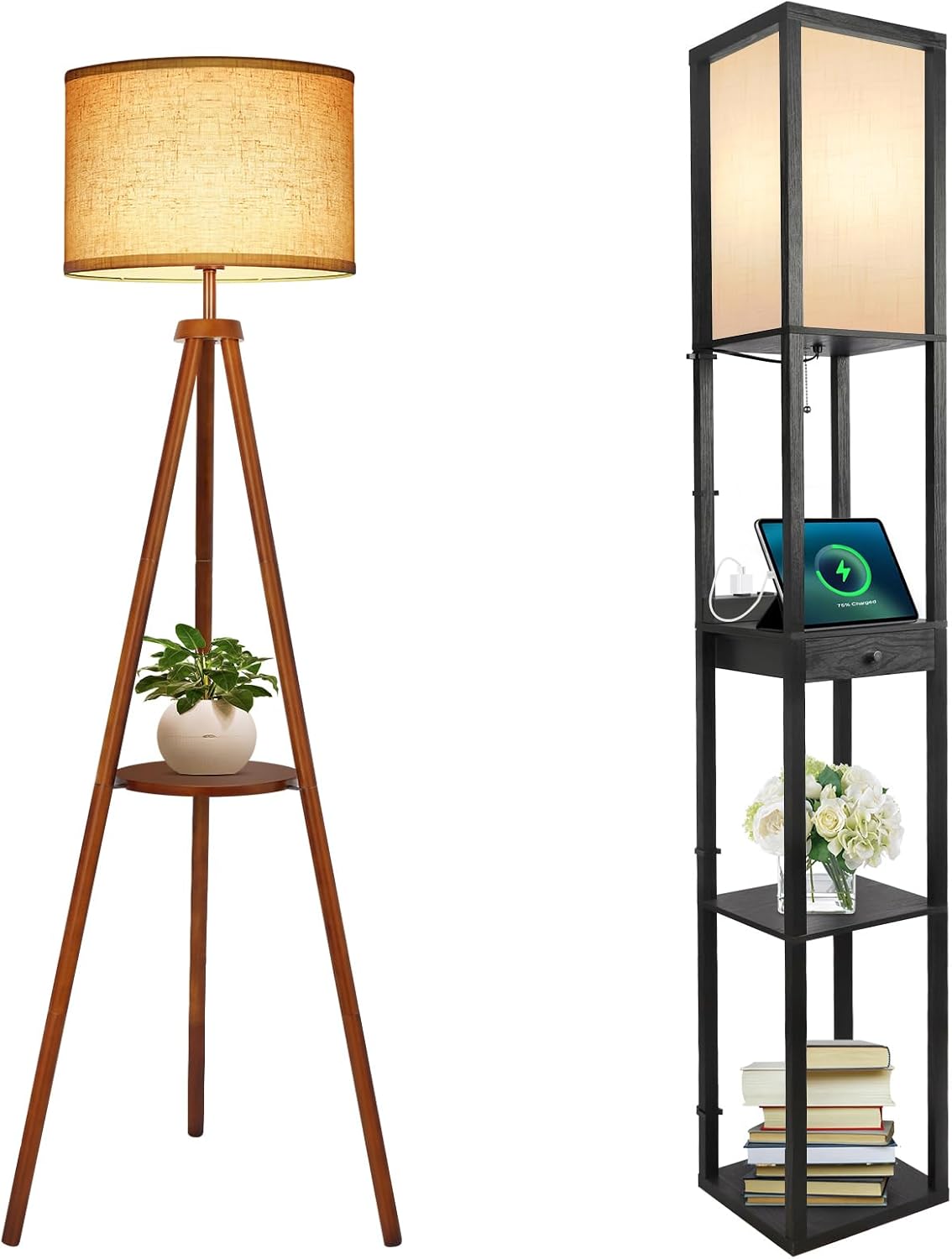 OUTON Wood Tripod Floor Lamp with Shelves, Mid Century LED Modern Dimmable Floor Lamp with Remote Control, Sturdy Tall Standing Lamp with Beige Linen Texture Shade for Living Room, Bedroom, Office