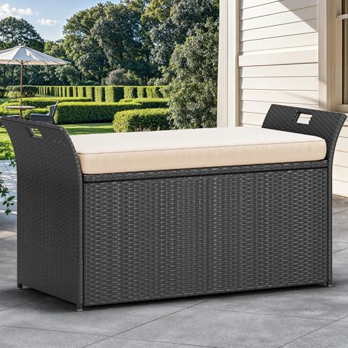 YITAHOME 90 Gallon Outdoor Wicker Storage Bench with Cushion, Black & Beige K940826