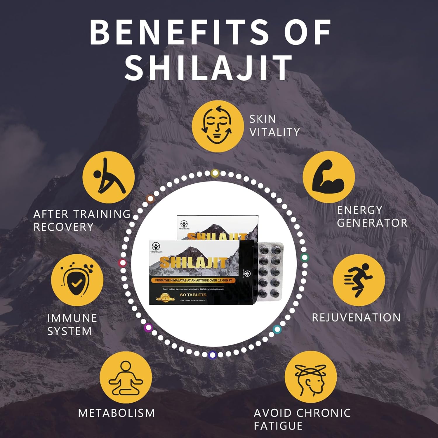 Shilajit Tablets 1000mg, Pure Himalayan Organic Supplement with Fulvic Acid & Trace Minerals G27547