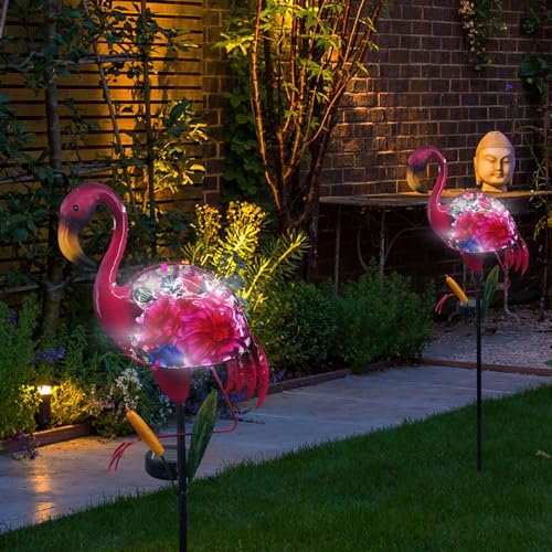 Flamingo Solar Garden Lights, Glass & Metal Yard Decor H502