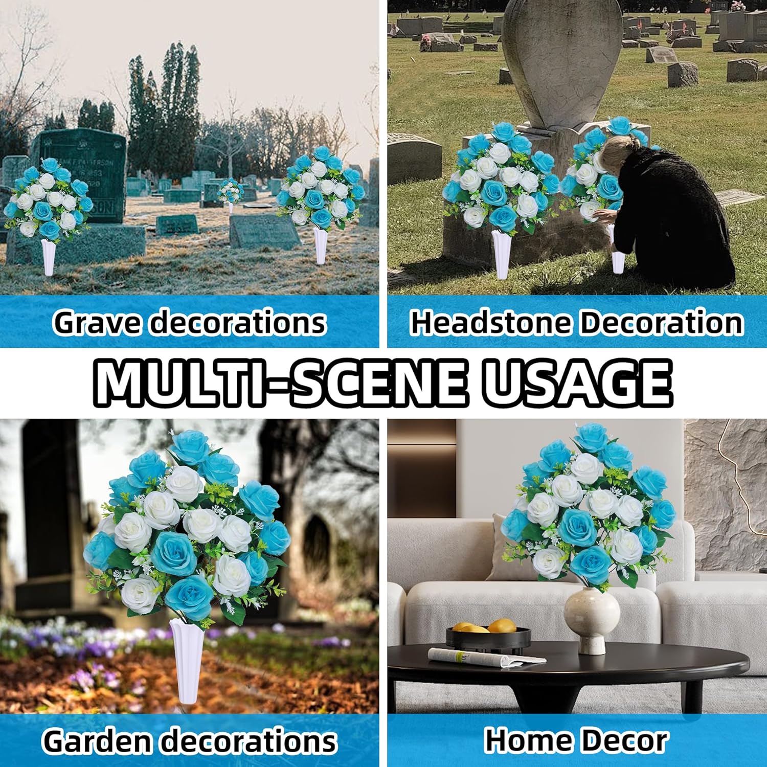 Artificial Silk Cemetery Flower Saddles with Vase for Headstone Decor (Light Blue, 2 Bouquets) Q566