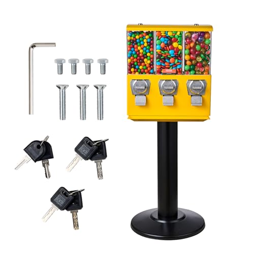 VEVOR Commercial Vending Machine, Triple Compartment Candy Dispenser with Iron Stand, Yellow K8189