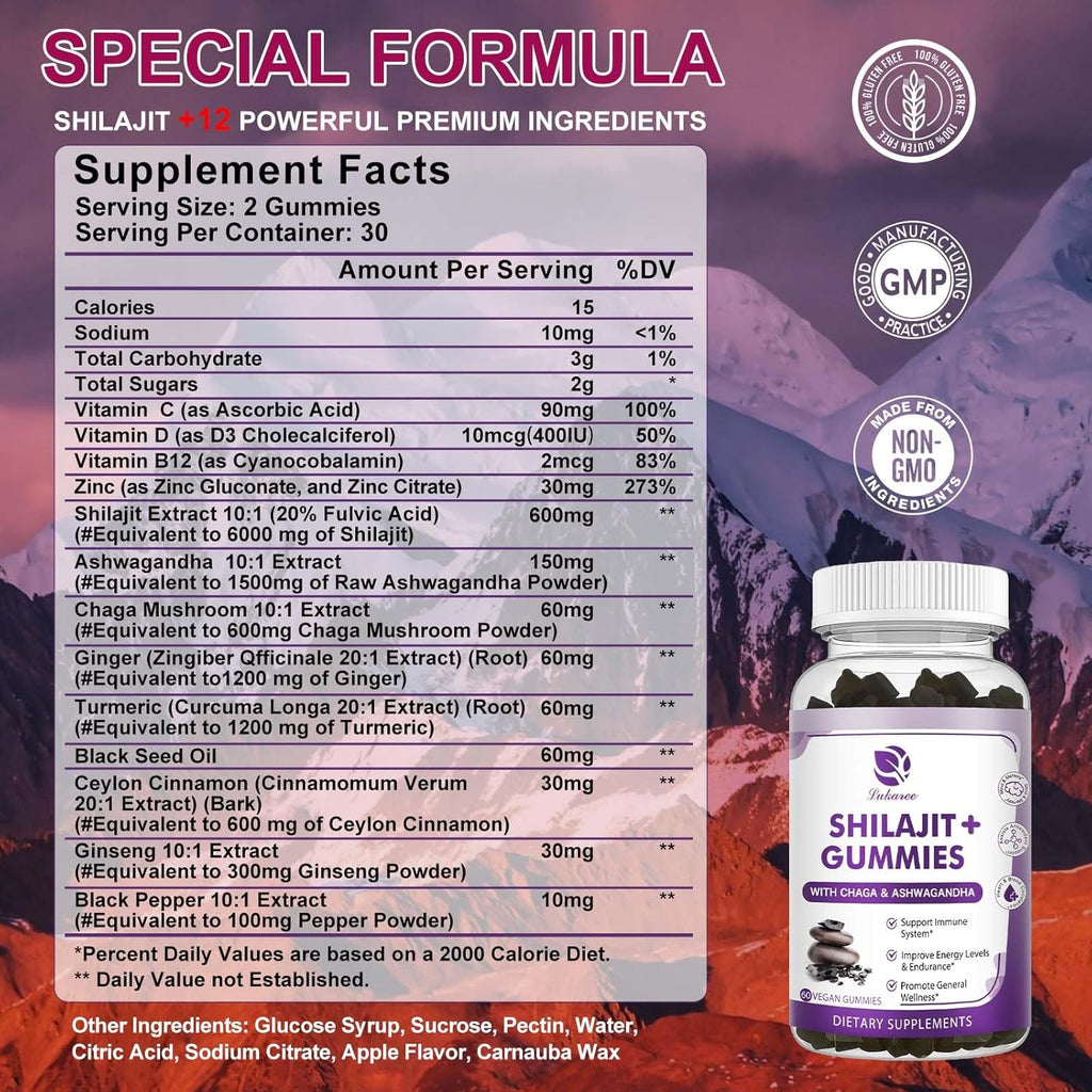 Shilajit Gummies with Ashwagandha, Black Seed Oil, Vitamins & Zinc, Sugar Free, Vegan L219