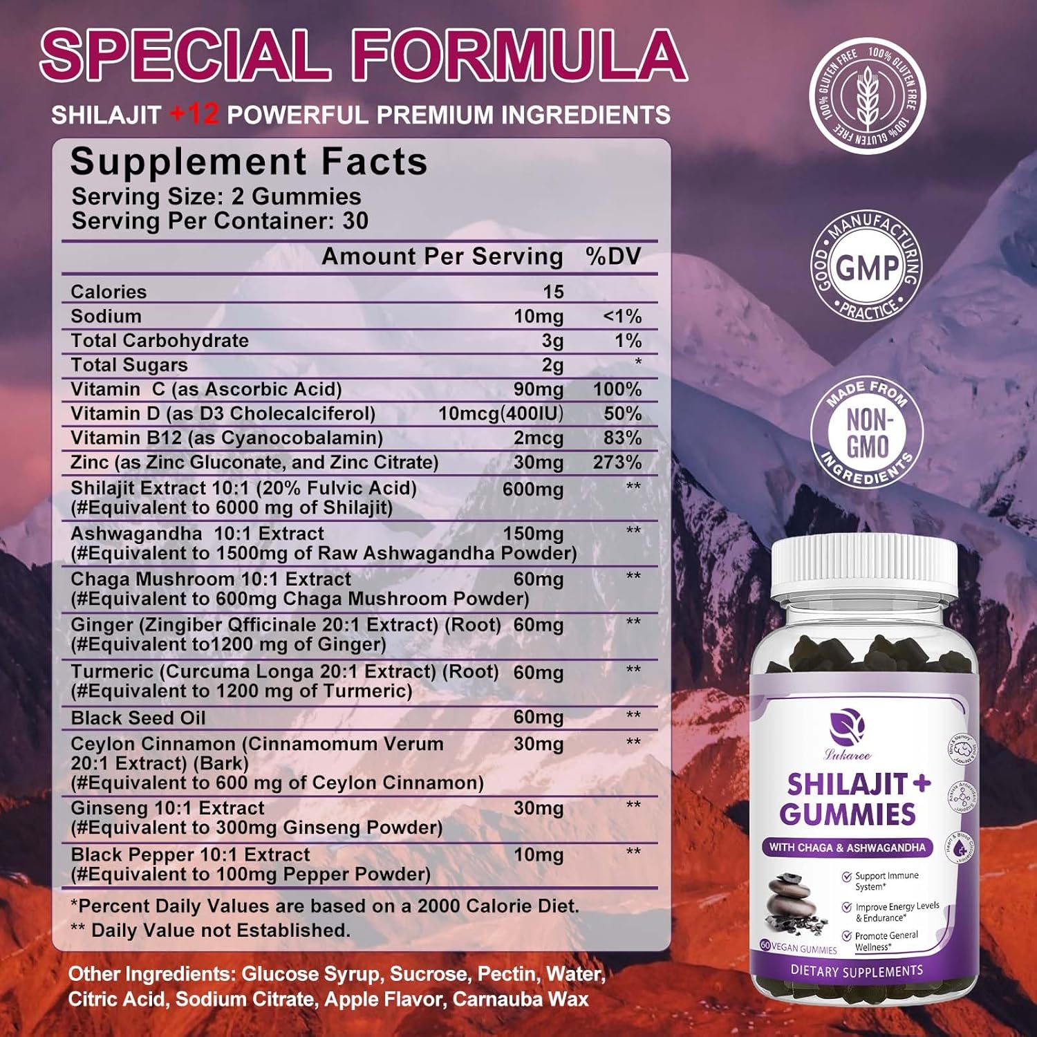 Shilajit Gummies with Ashwagandha, Black Seed Oil, Vitamins & Zinc, Sugar Free, Vegan L219