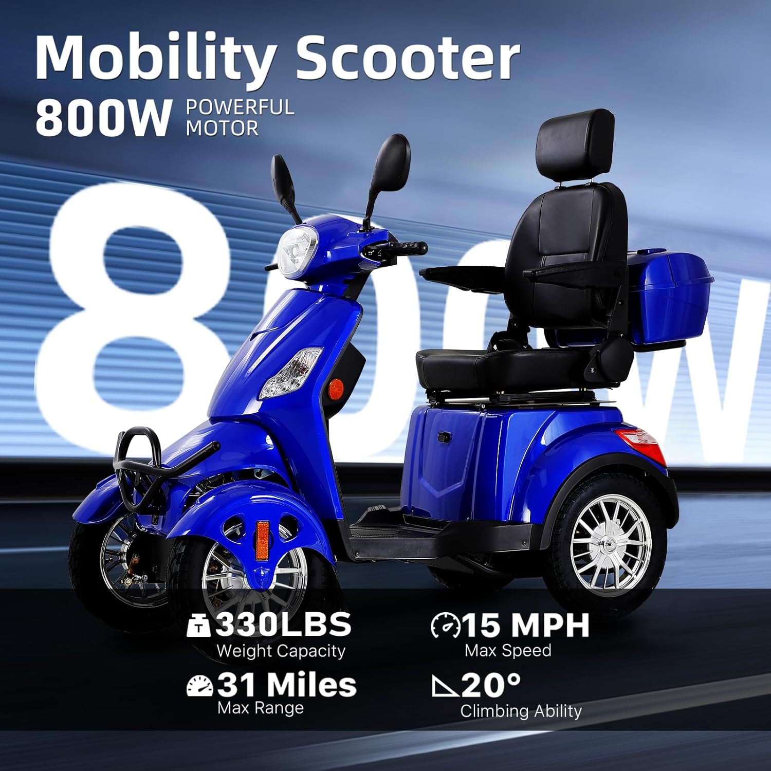 Heavy Duty 4-Wheel Mobility Scooter 800W for Adults & Seniors, Blue I848