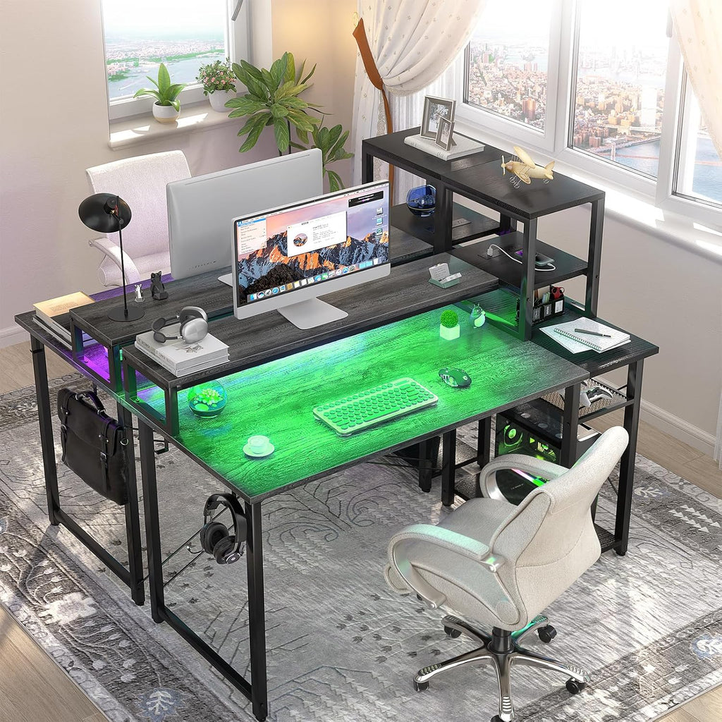 47.2" Gaming Desk with LED and Storage Shelves, Grey E259471