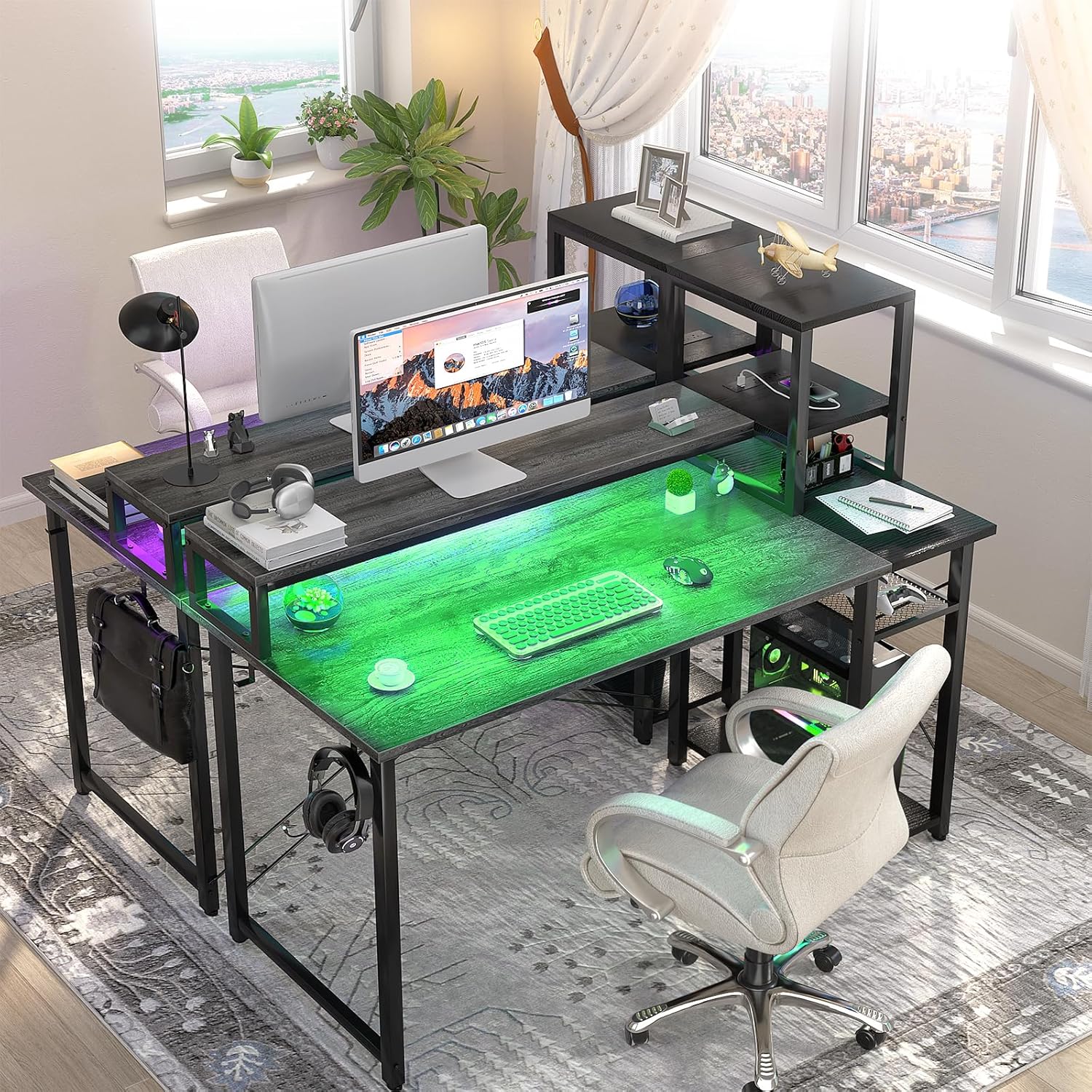 47.2" Gaming Desk with LED and Storage Shelves, Grey E259471