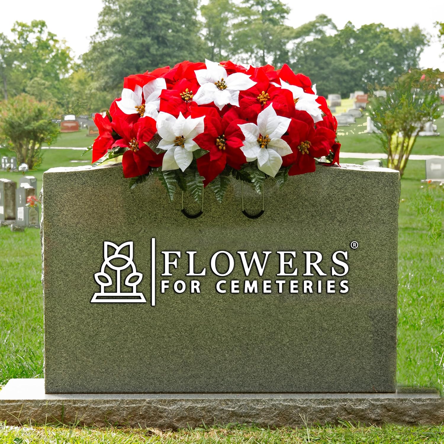 Sympathy Silks Artificial Cemetery Flowers - Red and White Poinsettias Saddle for Headstone C9631