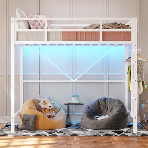 DICTAC Twin Loft Bed with Ladder and Guardrail, LED Lights, White B3802