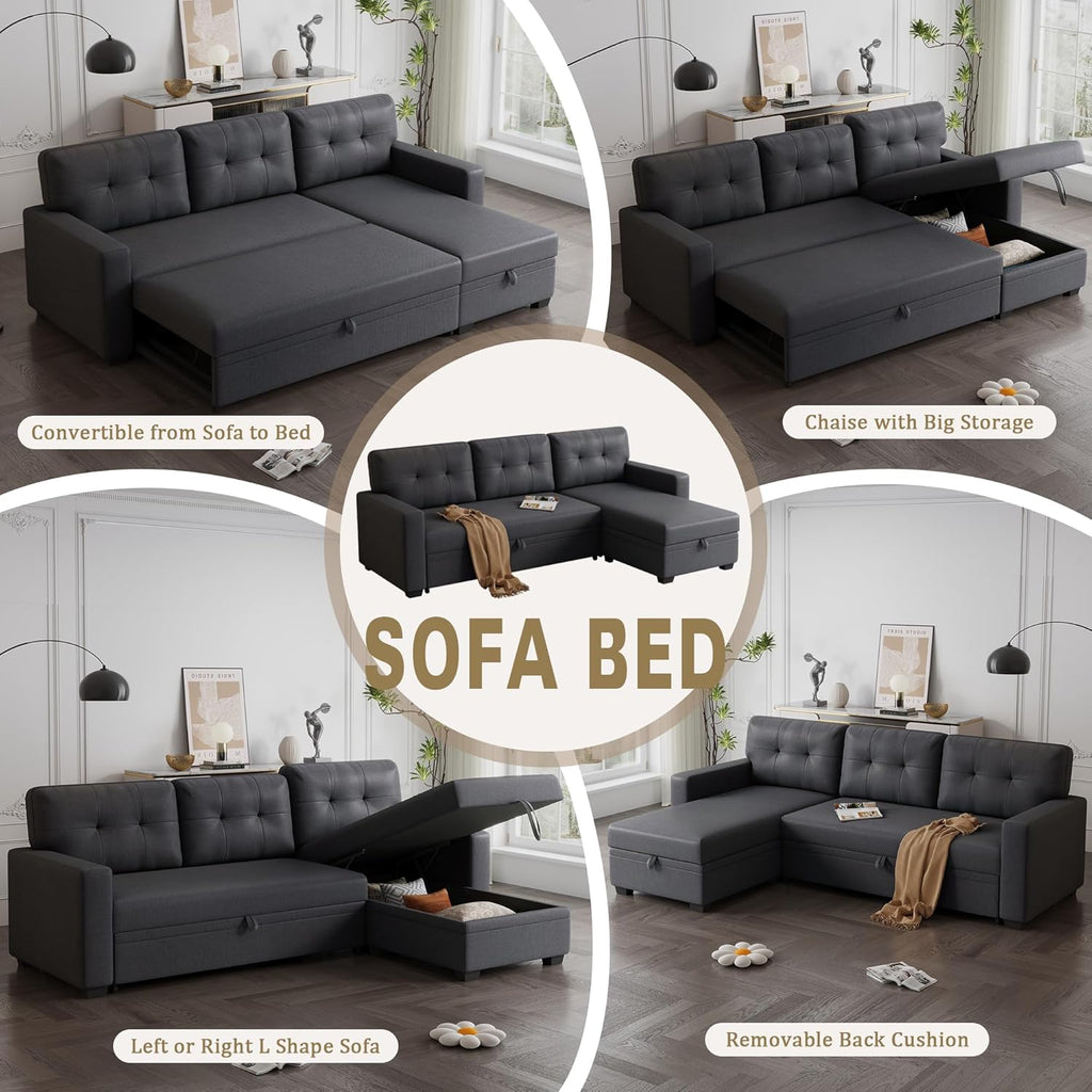 82" Upholstered Pull Out Sofa Bed with Storage Chaise, Dark Gray E40641