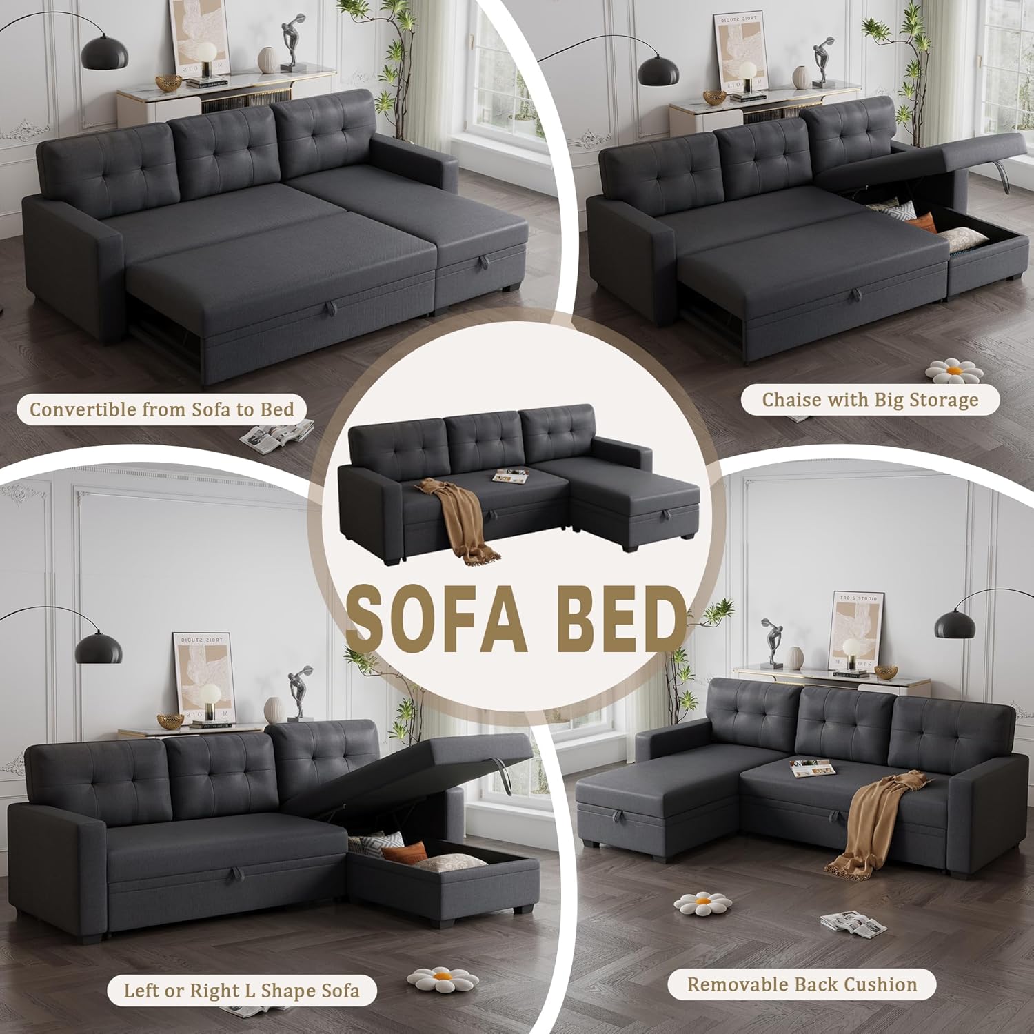 82" Upholstered Pull Out Sofa Bed with Storage Chaise, Dark Gray E40641