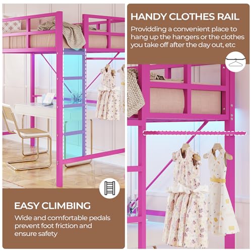 DICTAC Twin Loft Bed with Ladder and Guardrail, LED Lights, White B3802