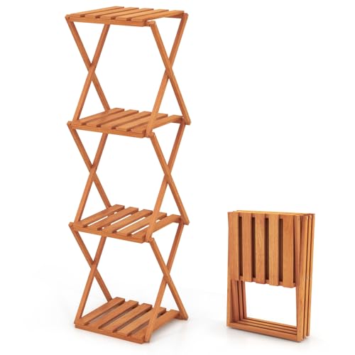 Giantex 4-Tier Foldable Plant Stand, Wooden Folding Display Rack with Sturdy X-shaped Structure, Corner Plant Shelf for Yard Garden Patio Balcony Bedroom, No Assembly Required
