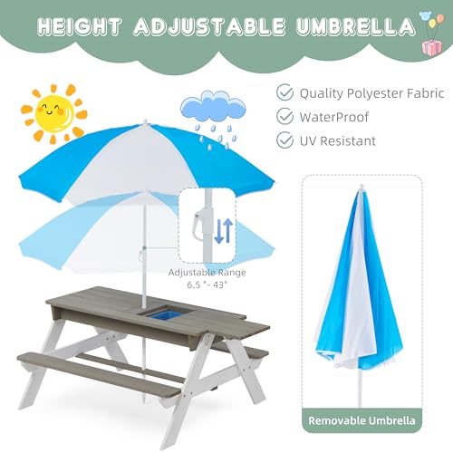 Wooden 3-in-1 Sand & Water Table with Umbrella for Kids Outdoor Play E7312