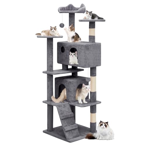 MoNiBloom Cat Tree, 60 Inch Cat Tree Tower with 2 Cat Condo, Cat Tower with Scratching Post, Cat Climbing Tower, Cat Tree for Indoor Cats, Smoky Grey
