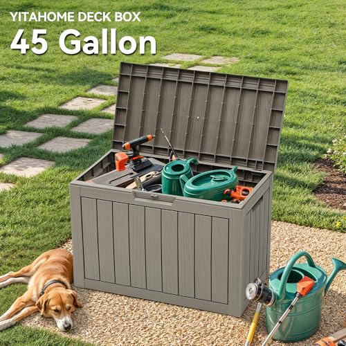 YITAHOME Outdoor Storage Box with Cushion, 120 Gallon, Lockable, Light Brown O374