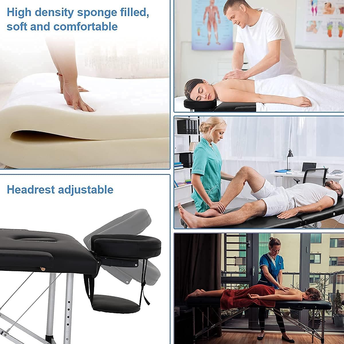 Aluminium Massage Table 2 Fold 73 Inch Portable with Armrest, Black S357178