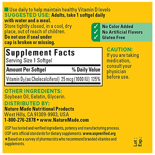 Nature Made Vitamin D3 1000 IU Softgels, 180 Count V67471