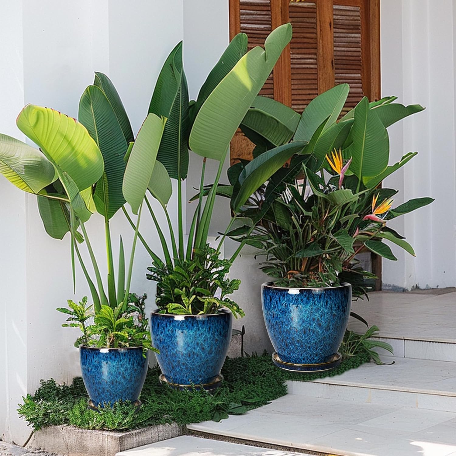 Ceramic Plant Pots with Drainage Holes and Saucers, Set of 3, Blue C79869