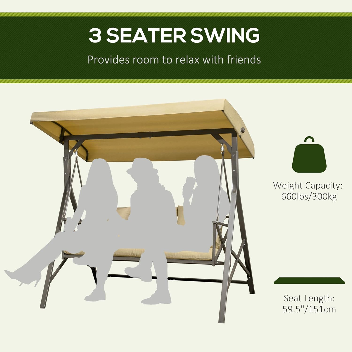 3-Seat Patio Swing Chair with Cushion, Pillows & Canopy, Khaki C961372