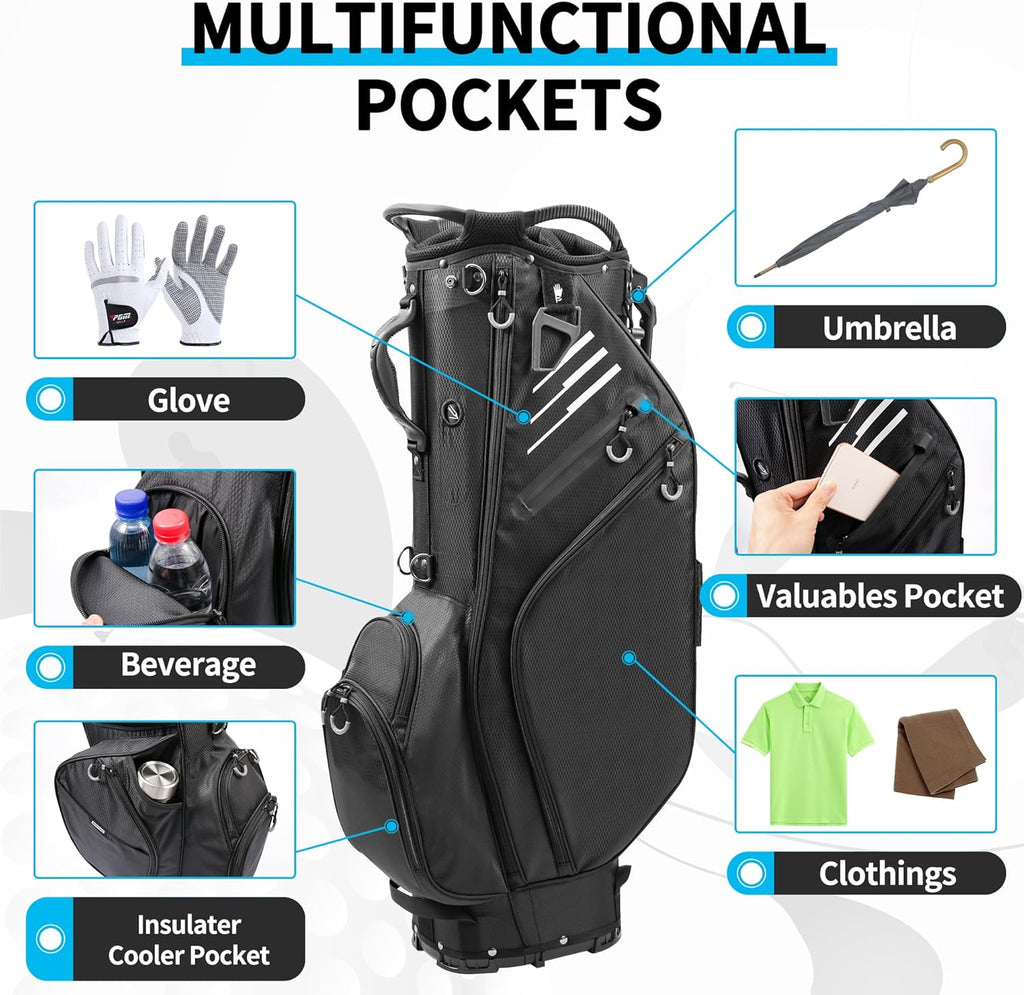 Golf Stand Bag 14 Way Full-Length Dividers, Lightweight Waterproof, Black M556