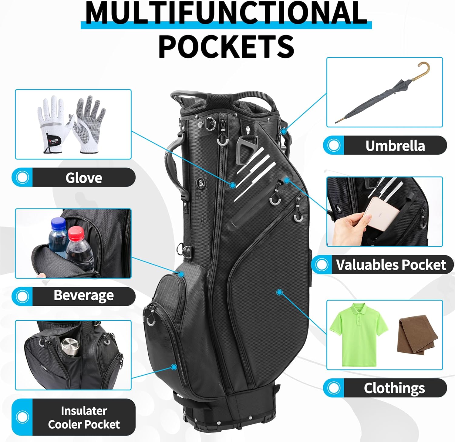 Golf Stand Bag 14 Way Full-Length Dividers, Lightweight Waterproof, Black M556
