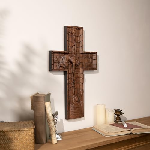 BGCOPPER Crucifix Wall Cross Handmade Wooden with Hook, Christian Wall Art, 14 Inch L40287