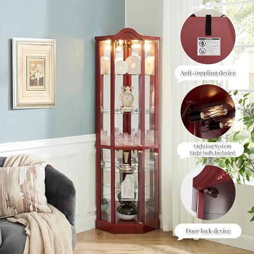 AMNOOL Glass Cabinet Lighted Antique Corner Curio Display Cabinet with Adjustable Shelves, Cherry W306442