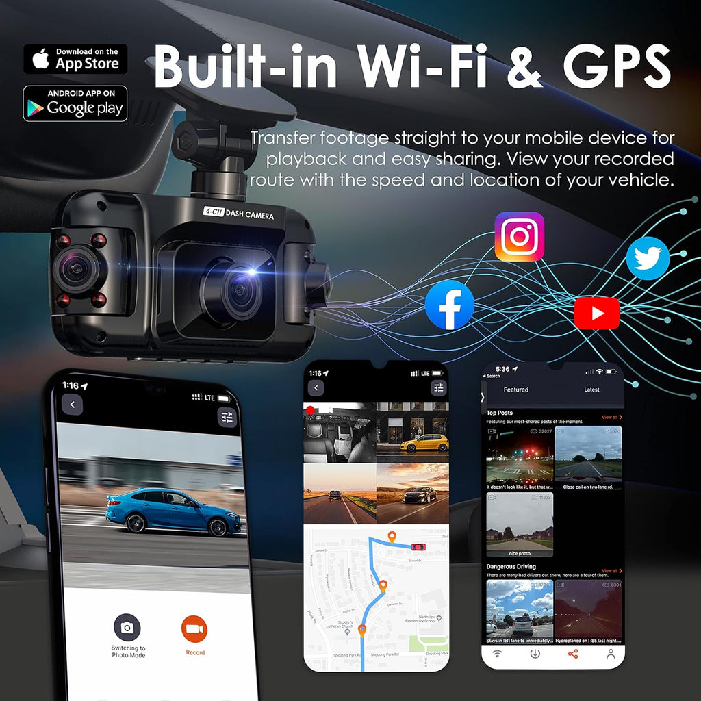 R4 4 Channel Dash Cam with 1080p, Wi-Fi, GPS, IR Night Vision V990
