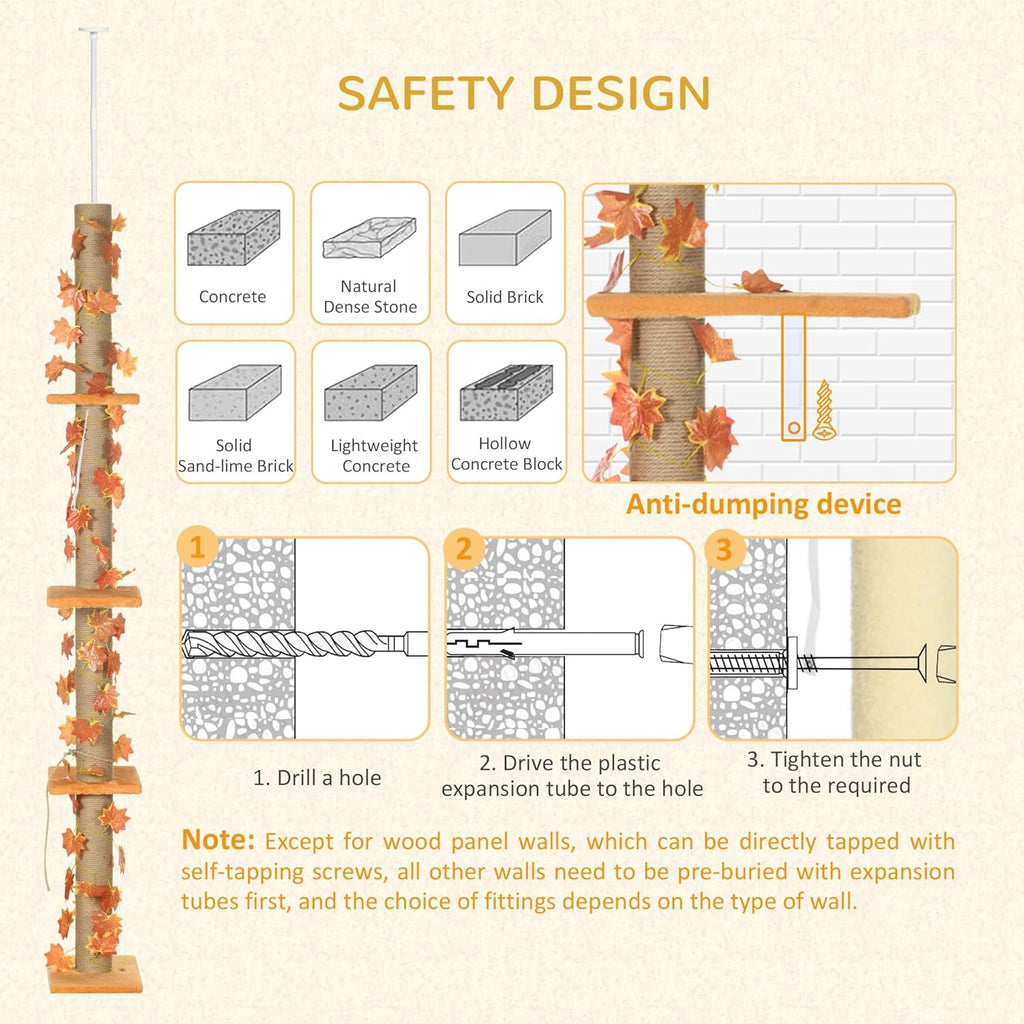 Pawhut Floor to Ceiling Cat Tree, 80" - 95" Adjustable, 3-Level with Sisal Scratching Post D4704