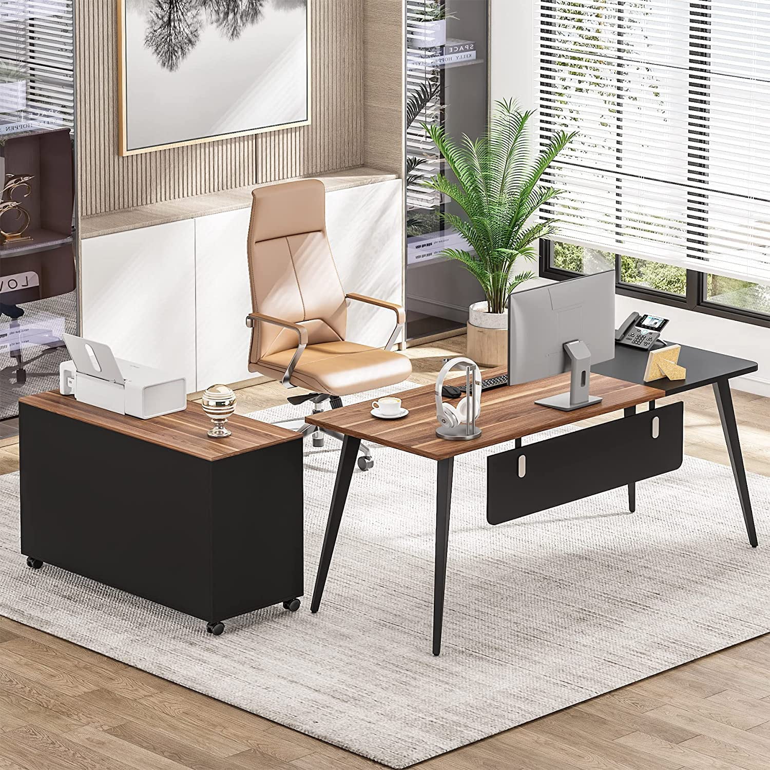Tribesigns Executive L Shaped Desk with Drawer and File Cabinet, 70 inch Office Desk Set Q7691