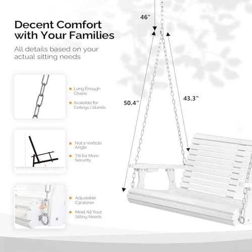 VINGLI Patio Wooden Porch Swing Chair with Hanging Chains, 5 FT, White W381253