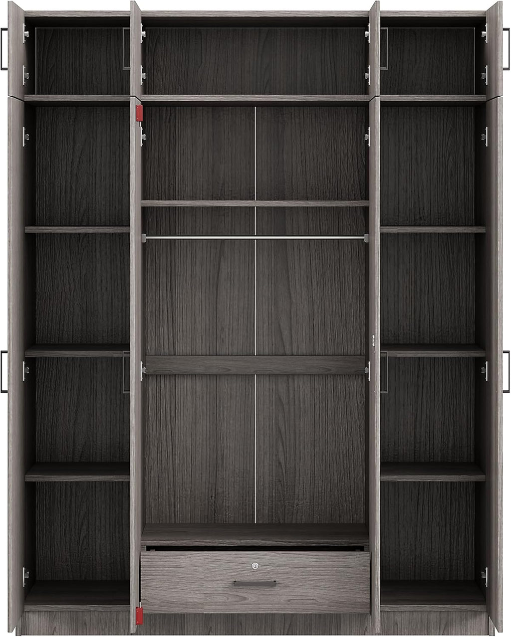 Modern 4-Door Wardrobe with Drawer, Wood High Cabinet Closet, Gray C380
