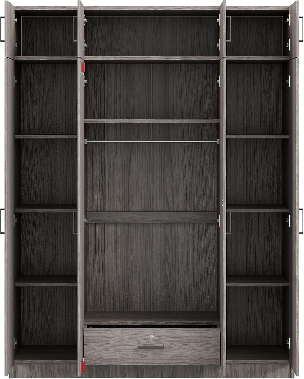 Modern 4-Door Wardrobe with Drawer, Wood High Cabinet Closet, Gray C380