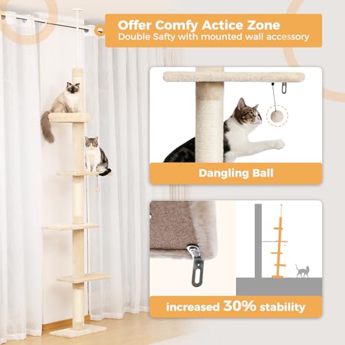 PETEPELA Cat Tower 5-Tier Adjustable Floor to Ceiling Cat Tree Grey G6821