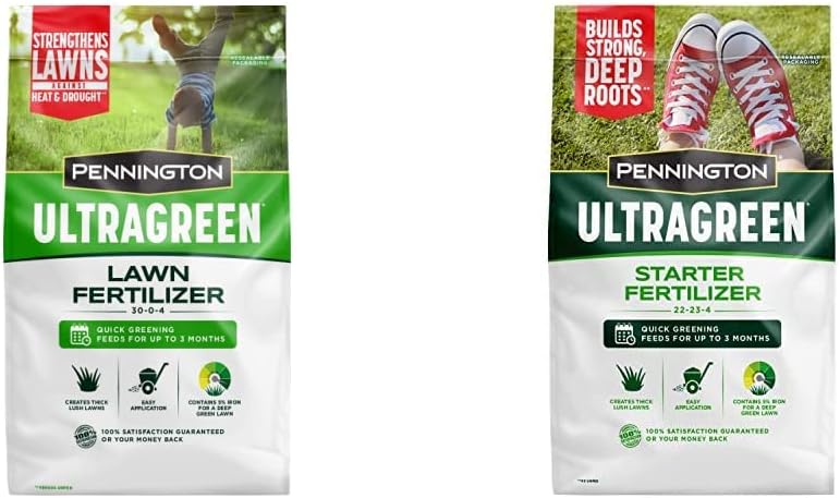 Pennington 100536576 UltraGreen Lawn Fertilizer, 14 LBS, Covers 5000 Sq Ft & UltraGreen Starter Lawn Fertilizer, 14 LBS, Covers 5000 sq ft