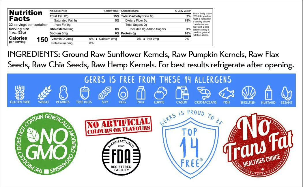 Gerbs Ground Raw Pumpkin, Sunflower, Chia, Flax & Hemp Seed Meal - 2 LBS, Allergen Free, Non GMO E93755