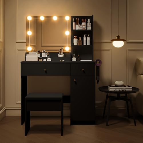 Vanity Desk with Mirror and Lights, Dimmable LED Makeup Table with Drawers and Stool, White K410427