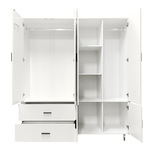 Wood Armoire Wardrobe Closet with 4 Doors and Mirror, White I299203