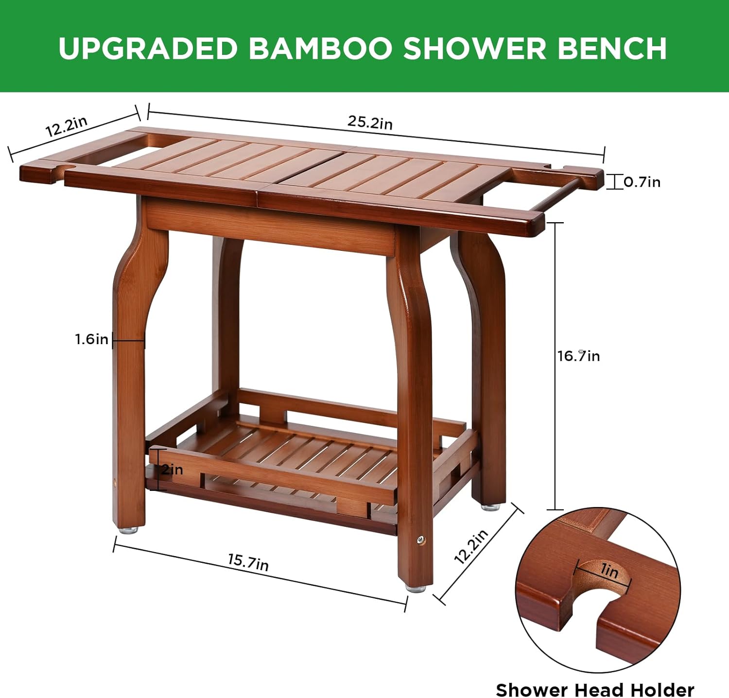 Ollieroo 2-Tier Bamboo Shower Chair with Storage Shelf for Bathroom H66314