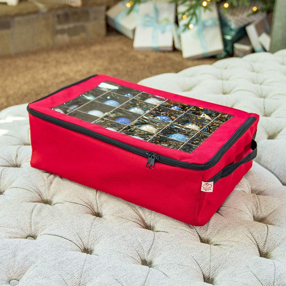 Red Christmas Ornament Storage Box with Dividers, Holds 48 Ornaments B671075
