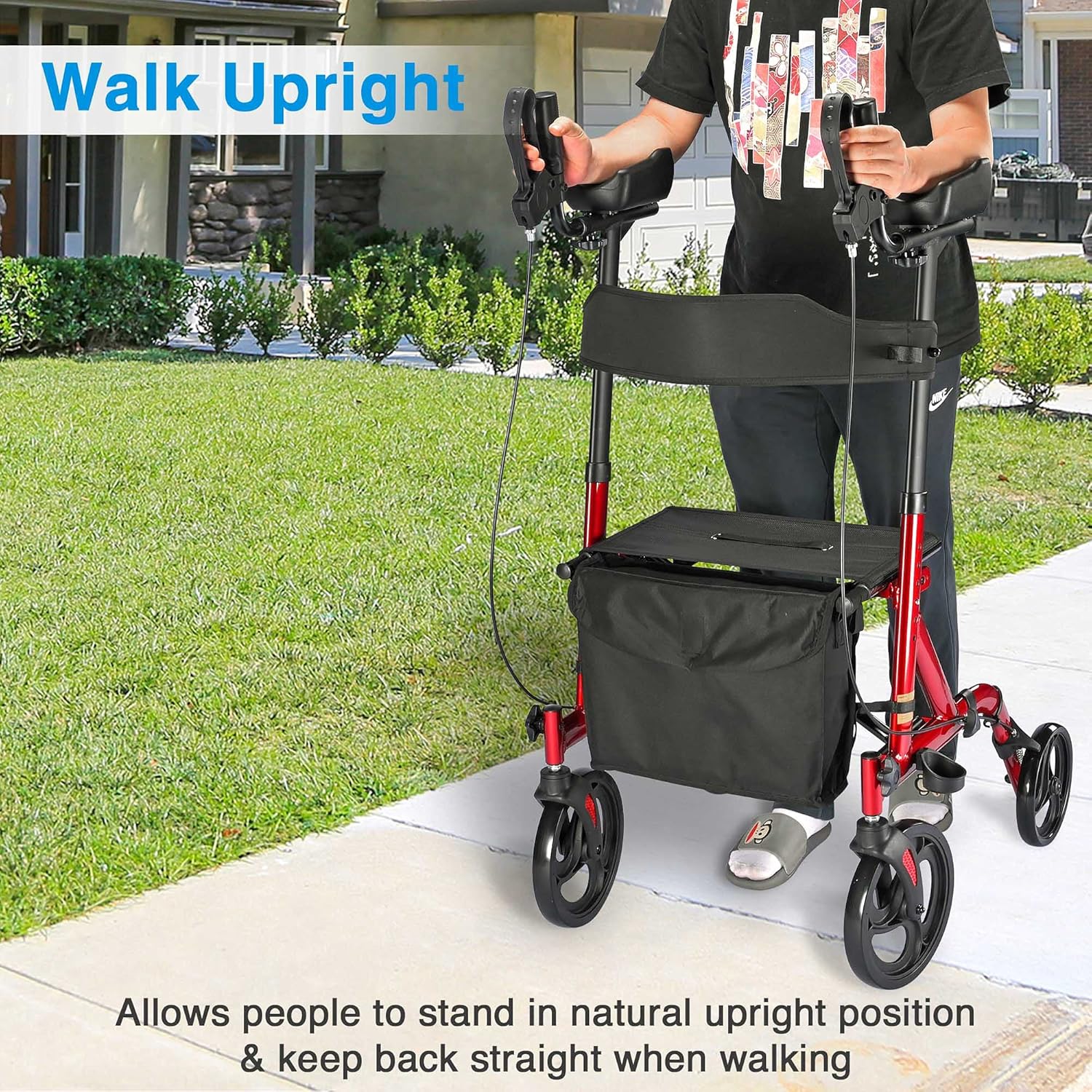 AW Stand Up Folding Rollator Walker with Seat, 300 Lbs Capacity V886