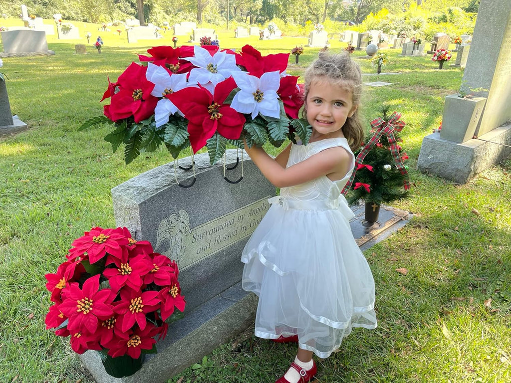 Sympathy Silks Artificial Cemetery Flowers - Red and White Poinsettias Saddle for Headstone C9631