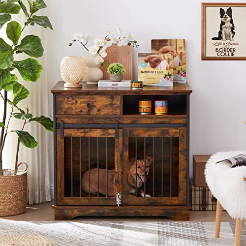 Dog Crate Furniture Table with Sliding Barn Door, 35" Wood Kennel for Dogs L6671